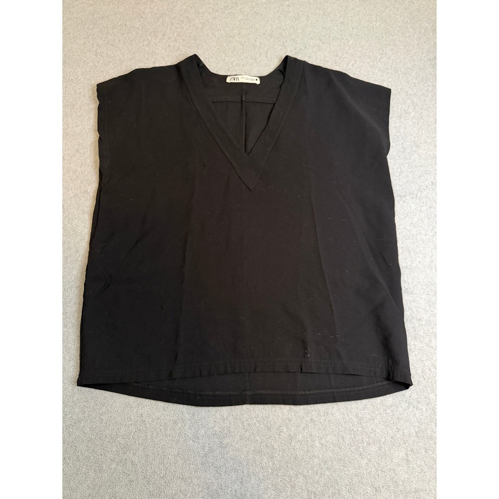 Zara Womens Black V-Neck Cap Sleeve Boxy Blouse Top Size XS